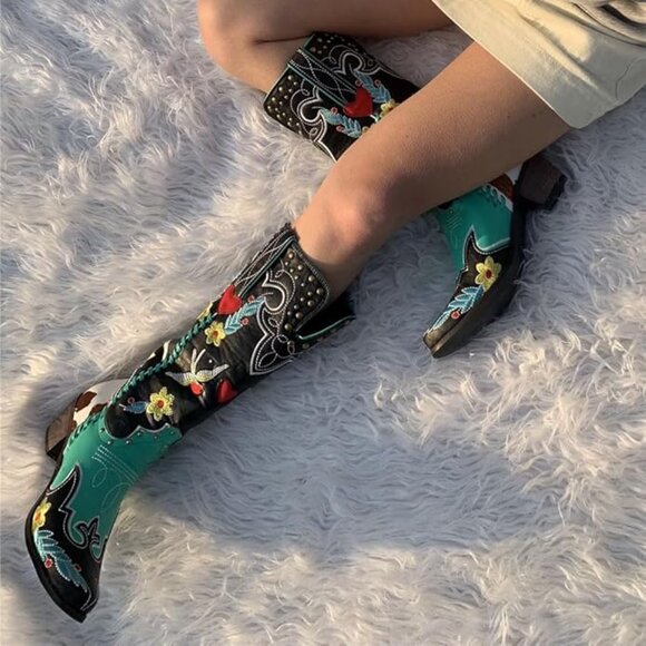 Swallow Floral Embroidered Cowgirl Boots - Picture 6 of 6